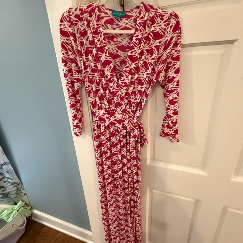 Printed Wrap Maxi Dress in Pink and White